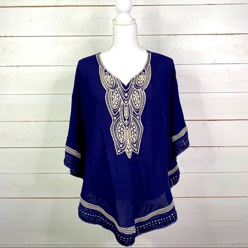 YASIQI FASHION Blue Poncho Coverup Embroidered‎ Swim Blouse Top Size OS